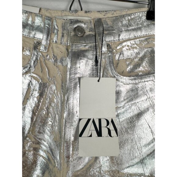 ZARA MID-RISE BOYFIT‎ Painted straight leg JEANS  Metallic Silver sz 4 - Picture 3 of 13